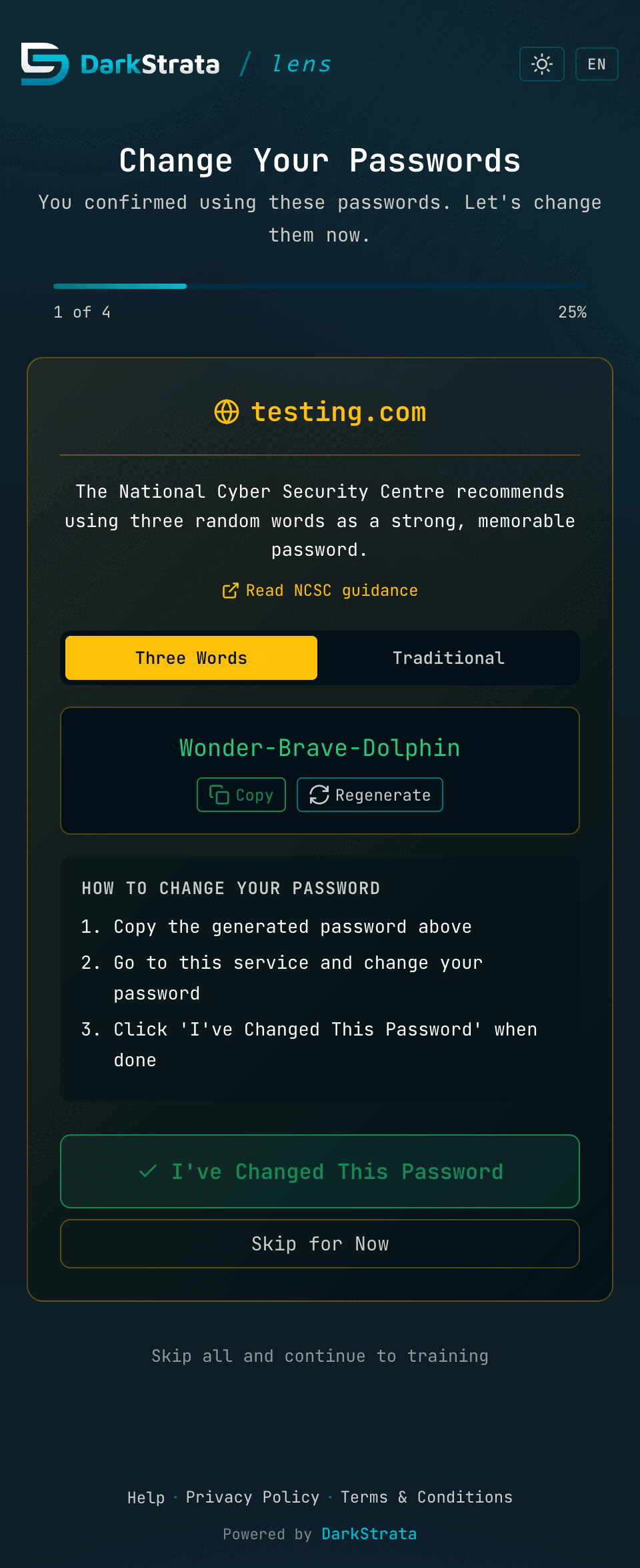 Guided password change screen